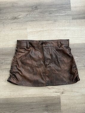 Women's Brown Faux Leather Mini Skirt with Back Pockets